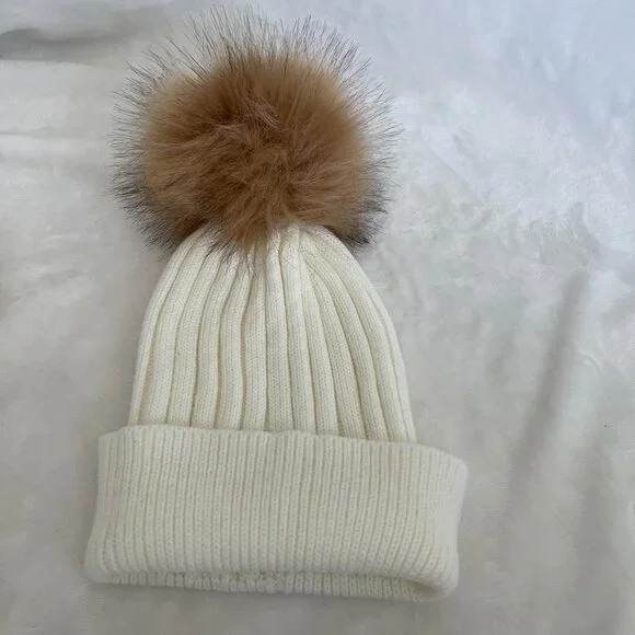 Cream and brown Pom Pom beanie  #beanie #winter #cold #ski #vacation  Cream Brow - Picture 2 of 3